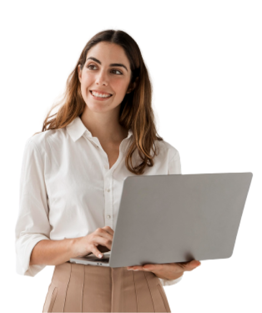 Front view of smiley elegant businesswoman using laptop with copy space