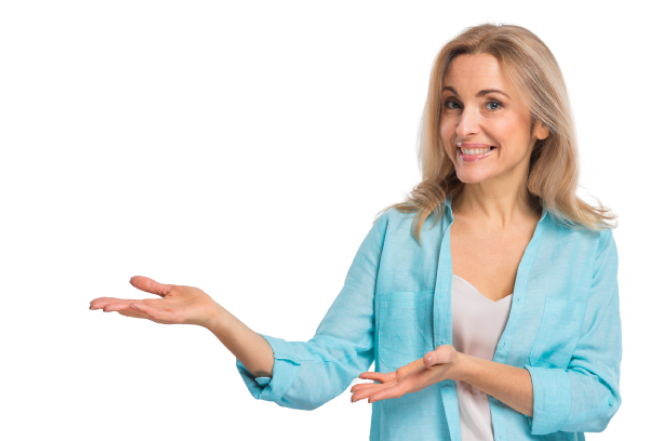 Smiling young woman presenting against white background